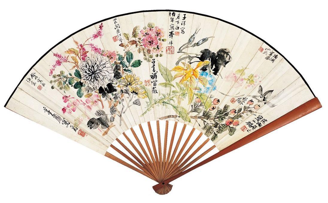 Classical Chinese round silk fan with painted scene